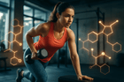 A fit woman in a gym setting performs a dumbbell row, focused on her exercise. The background features abstract representations of molecular structures, symbolizing the impact of supplements like agmatine on fitness and performance.