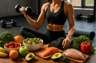 A fit woman sitting cross-legged with dumbbells, surrounded by a colorful array of healthy foods including salmon, chicken, avocado, fresh vegetables, and fruits, showcasing an active and nutritious lifestyle.