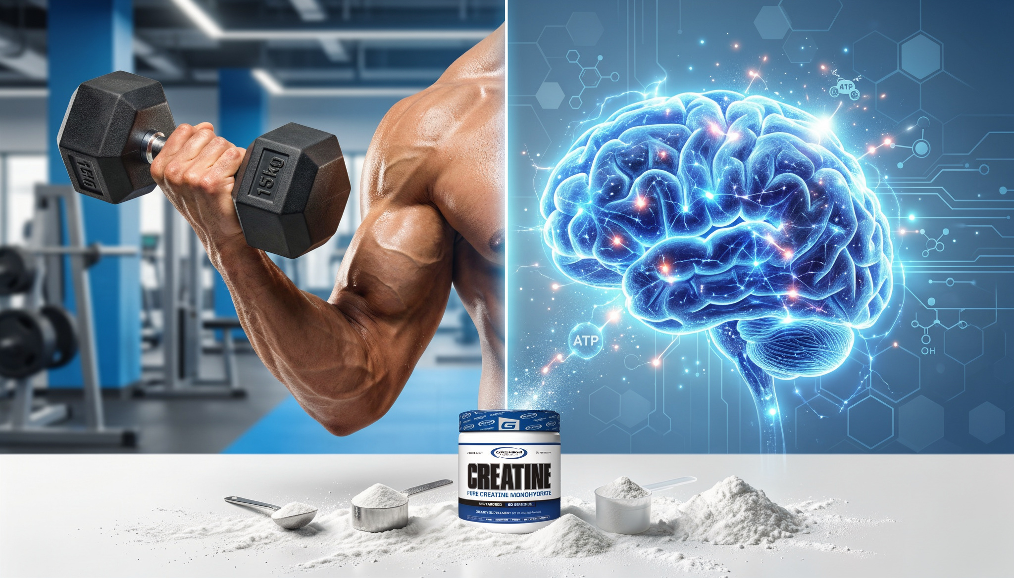 Split image showing a muscular arm curling a dumbbell alongside a glowing brain illustration with Gaspari Nutrition creatine monohydrate, representing creatine benefits for both muscle performance and cognitive function