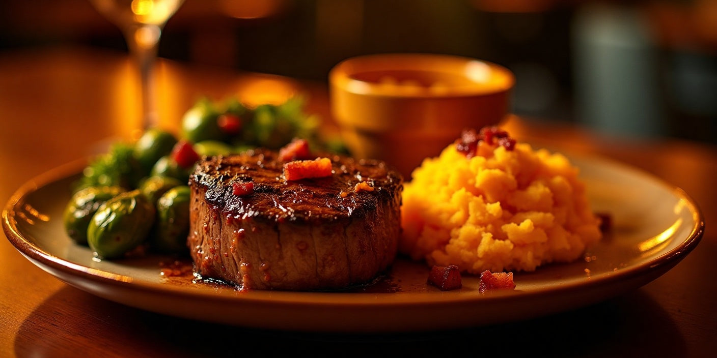 The image shows a plate with a well-cooked piece of steak, mashed potatoes topped with bacon bits, and Brussels sprouts on the side.