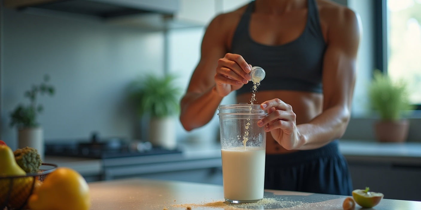 The person is adding protein powder into a blender bottle, with a focus on the smooth texture of the whey protein, ready to mix with milk for a protein shake,