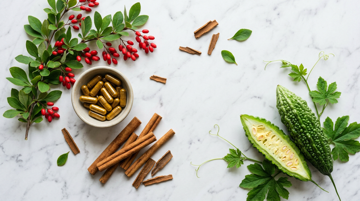 Flat-lay of natural blood sugar support ingredients including berberine capsules, cinnamon sticks, and bitter melon on a marble surface representing GDA supplement components