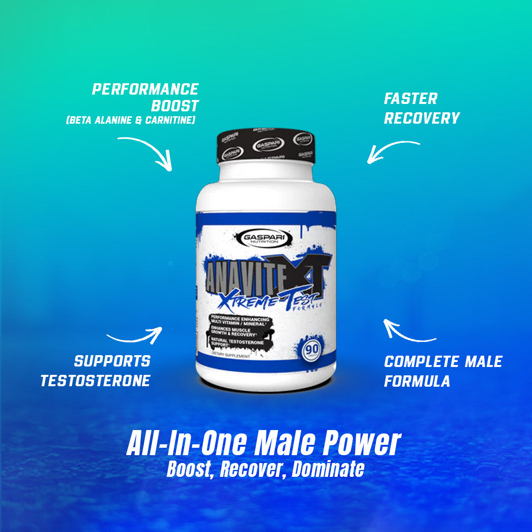 Anavite XT - Sports Multi-vitamin + Extreme Test Booster bottle displayed with performance boost benefits, highlighting key ingredients like Beta Alanine and Carnitine, perfect for boosting your workout efficiency.