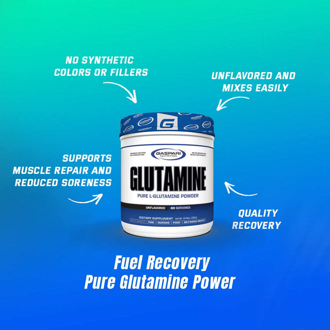 Promotional graphic for Gaspari Nutrition Glutamine emphasizing benefits like no synthetic colors, muscle repair support, and easy mixing.