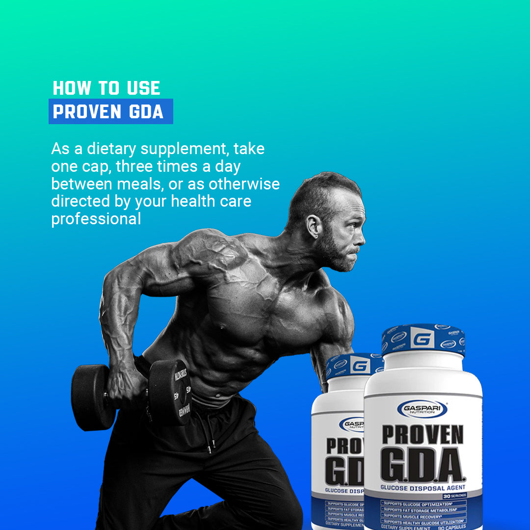 Fitness model demonstrating muscle training with Proven GDA - Glucose Disposal Agent next to him, highlighting its benefits for recovery.