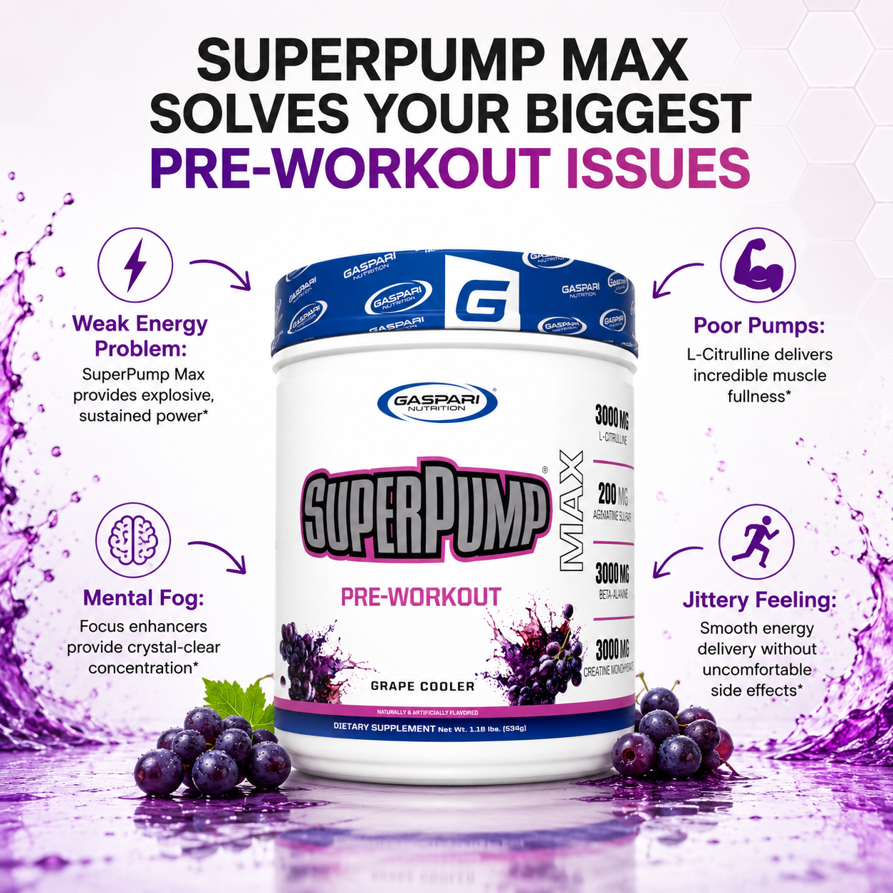 SuperPump Max New Formula transparent-label pre-workout – 3000mg creatine, 3000mg HMB, Blue Raspberry, 30 servings