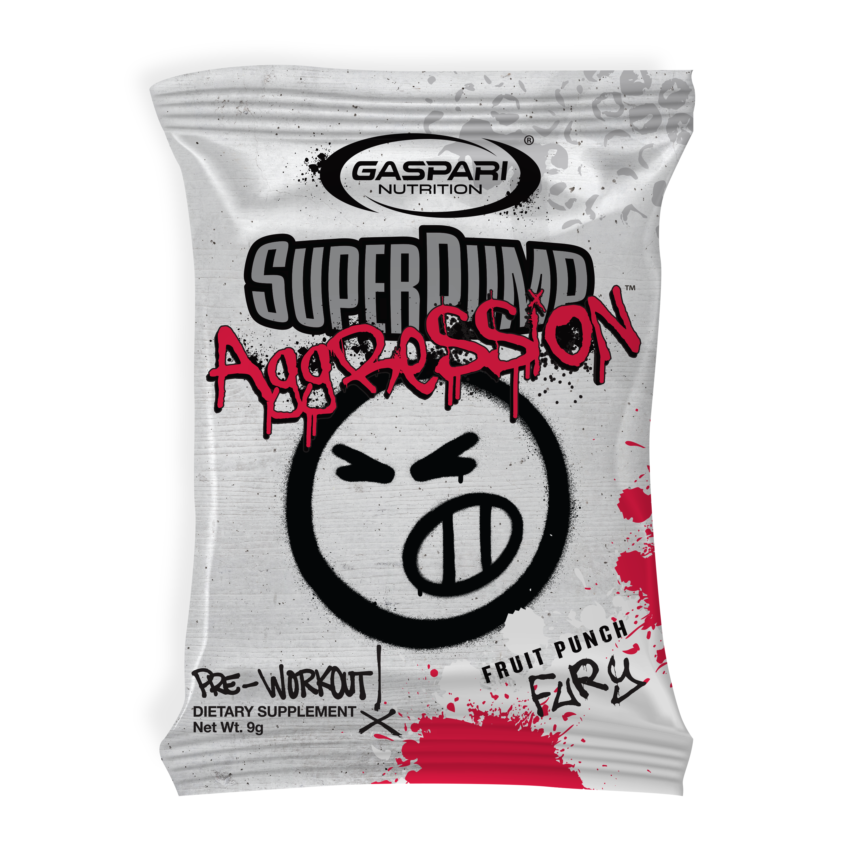 Close-up of a SuperPump Aggression sample sachet from Gaspari Nutrition in Fruit Punch Fury flavor, showcasing bold branding and a cheeky graphic design on the package.