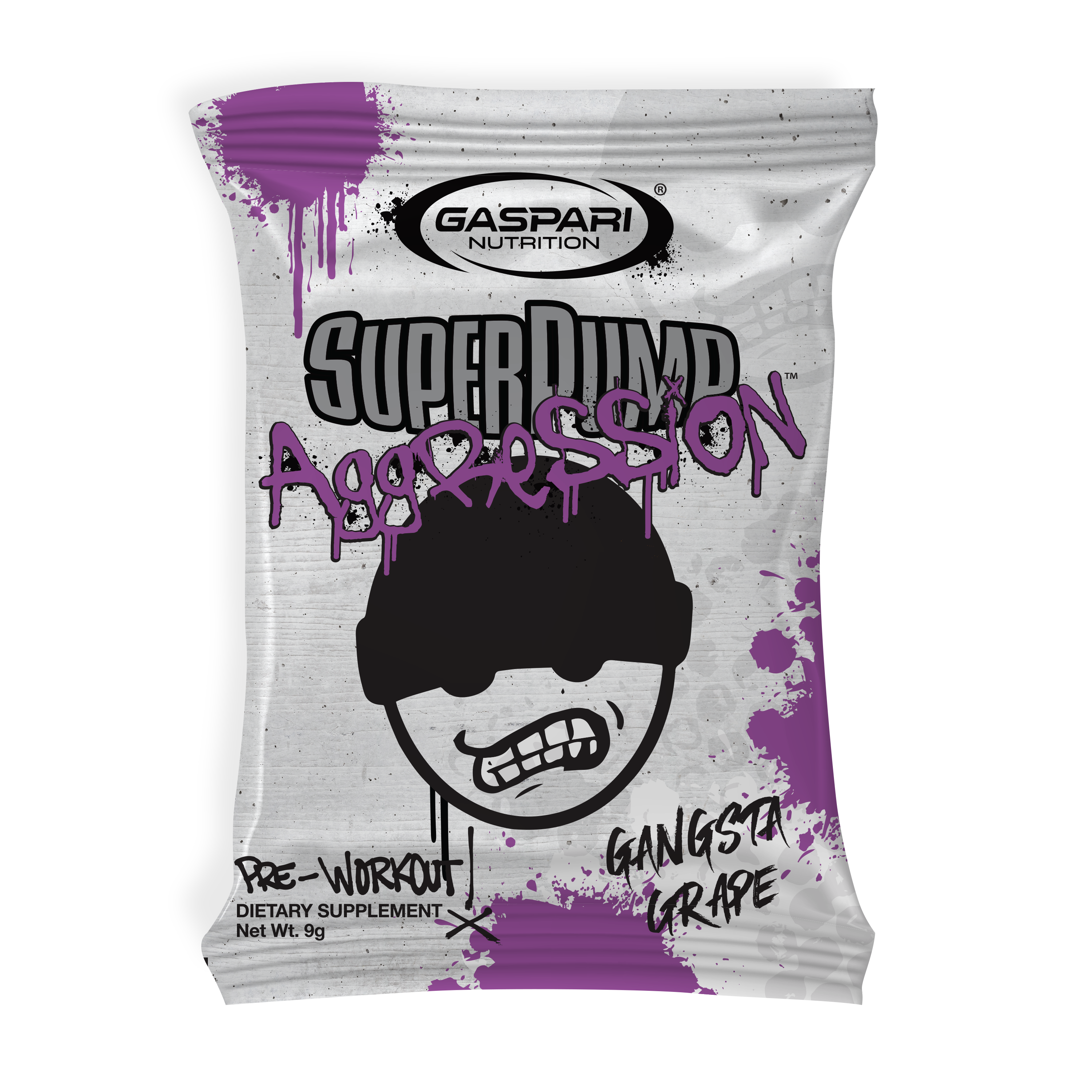 Close-up of a SuperPump Aggression sample sachet labeled Gangsta Grape, featuring a playful graphic character and graffiti-style text from Gaspari Nutrition.