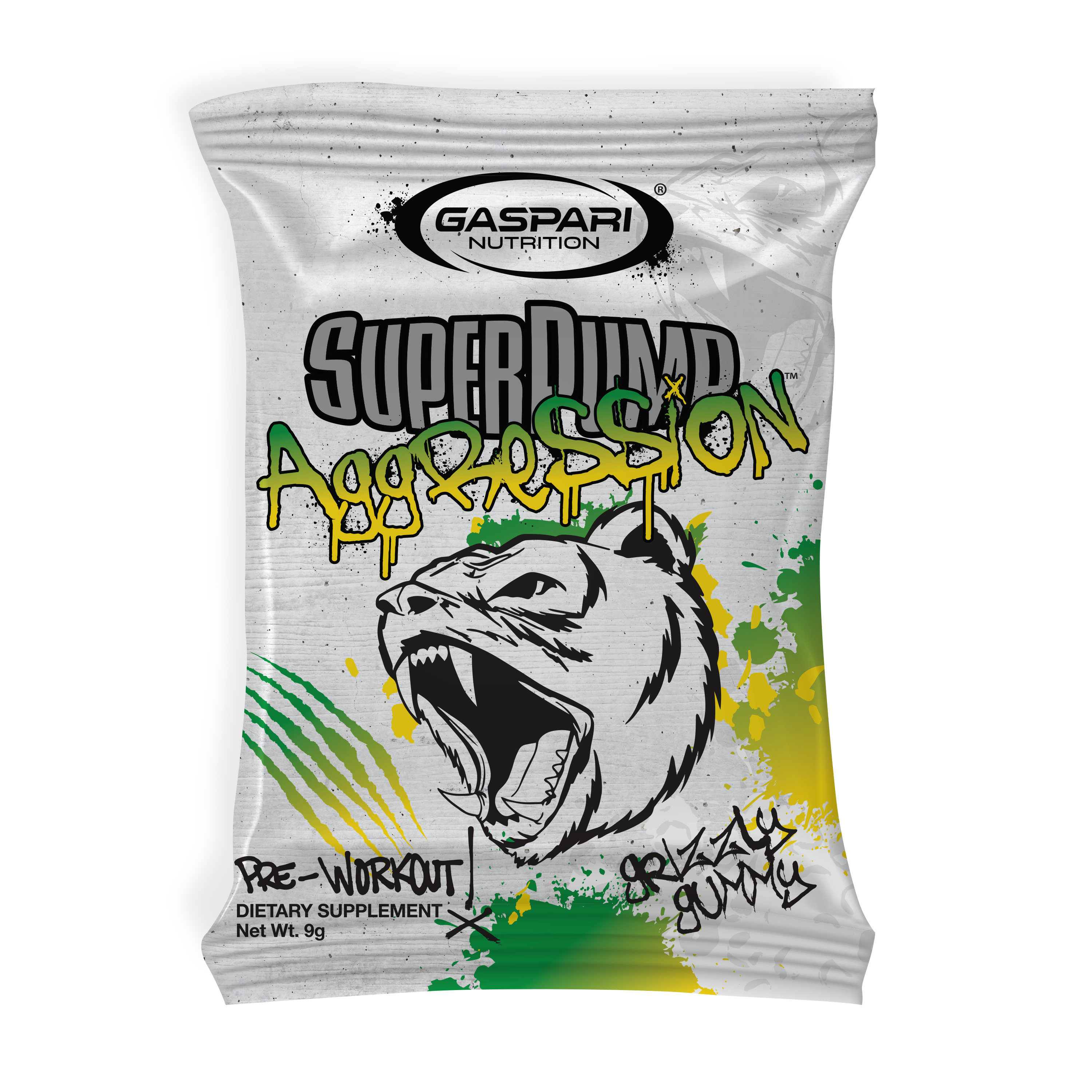 SuperPump Aggression sample sachet with an illustration of a roaring bear labeled Grizzly Gummy, showcasing vibrant colors and the Gaspari Nutrition logo.