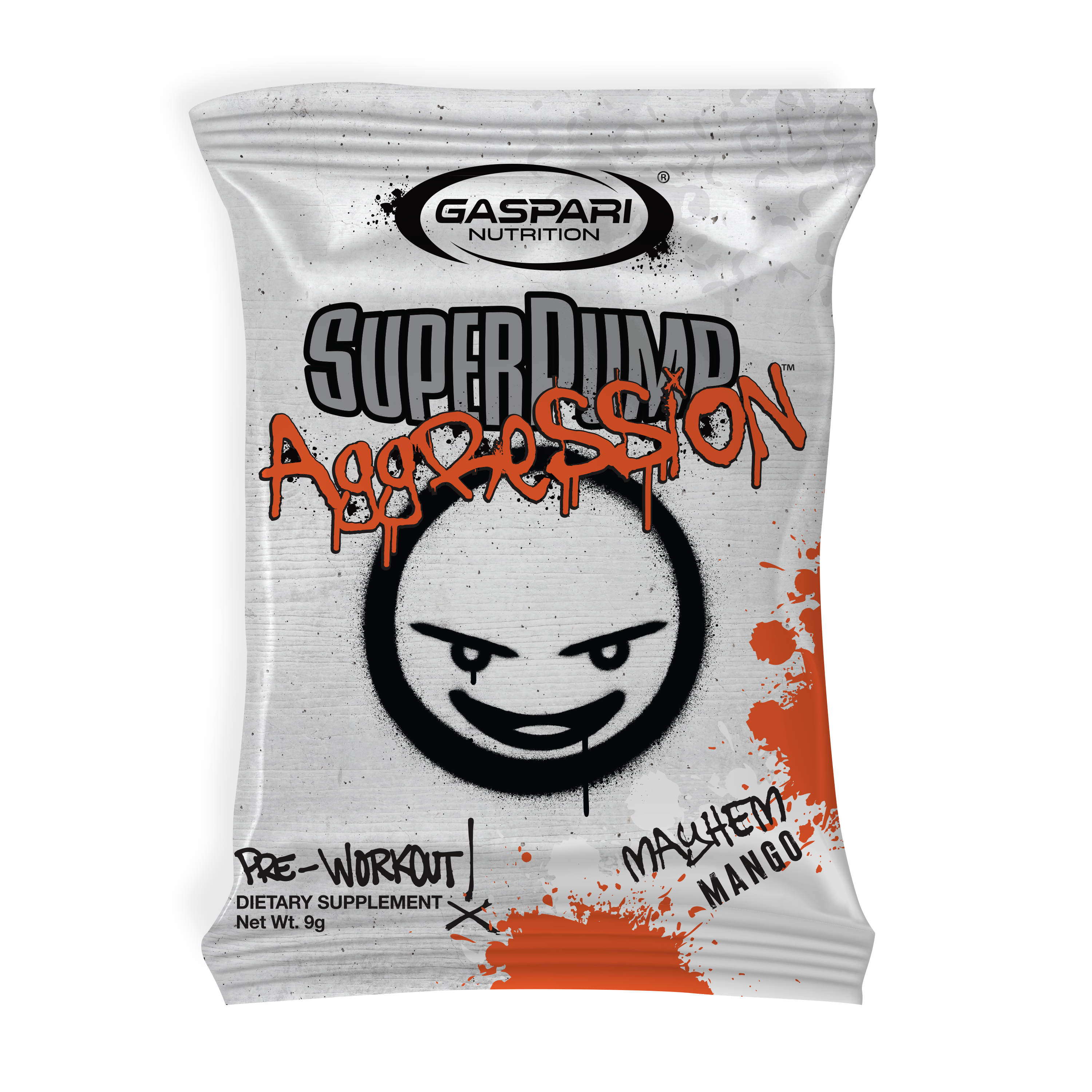 SuperPump Aggression sample sachet in Mayhem Mango flavor, featuring a playful graphic character and colorful design elements from Gaspari Nutrition.