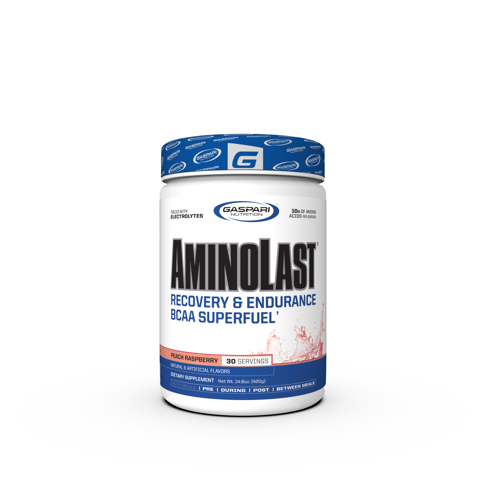 AminoLast Recovery & Endurance BCAA Superfuel container in Peach Raspberry flavor, designed for muscle recovery and endurance.