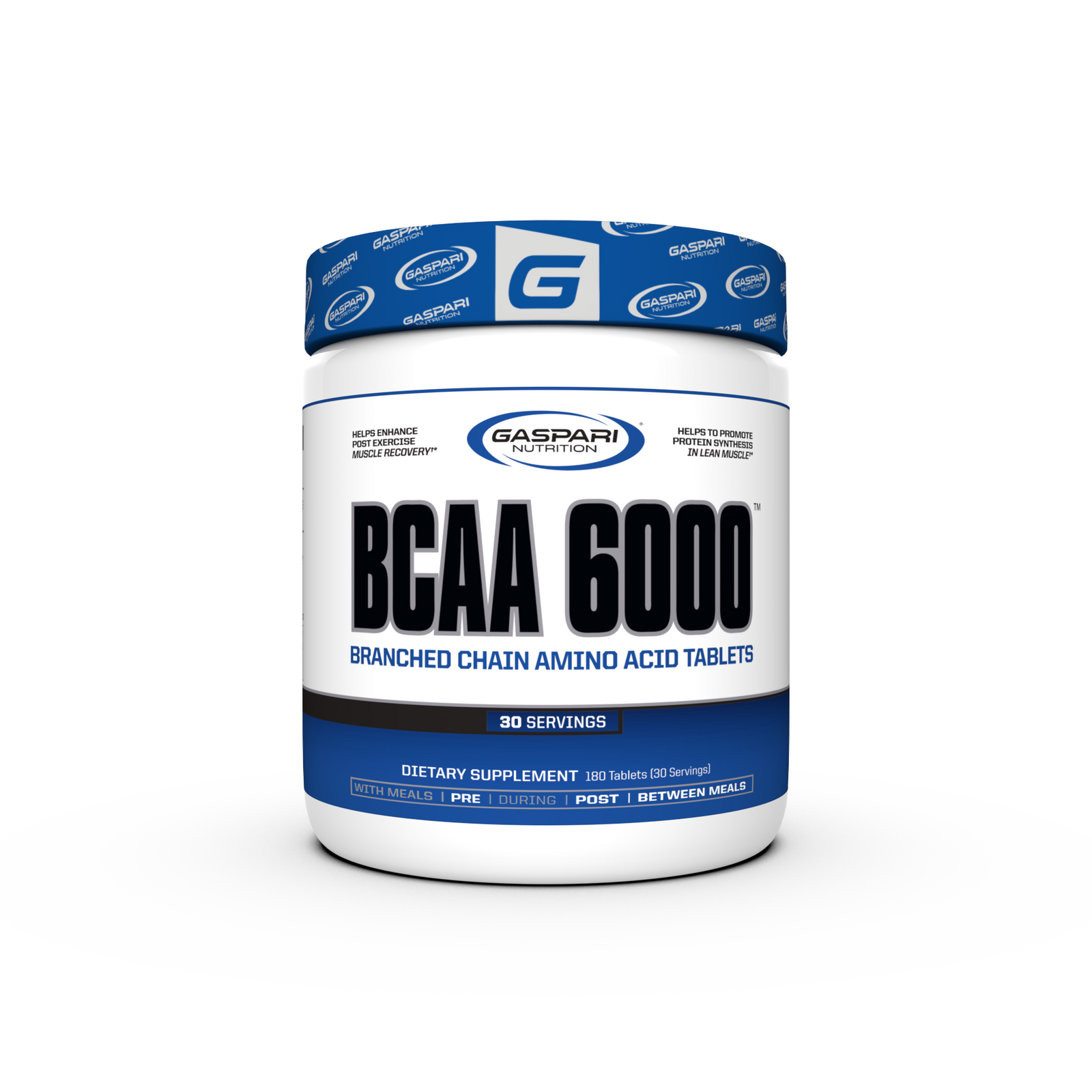 BCAA 6000™ Tablets by Gaspari Nutrition, a dietary supplement designed to enhance muscle recovery with a leucine-heavy formulation.