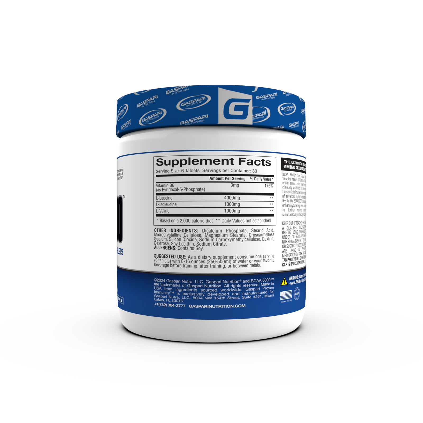 Supplement facts for BCAA 6000™ Tablets showing nutritional information including key ingredients like leucine, isoleucine, and valine.