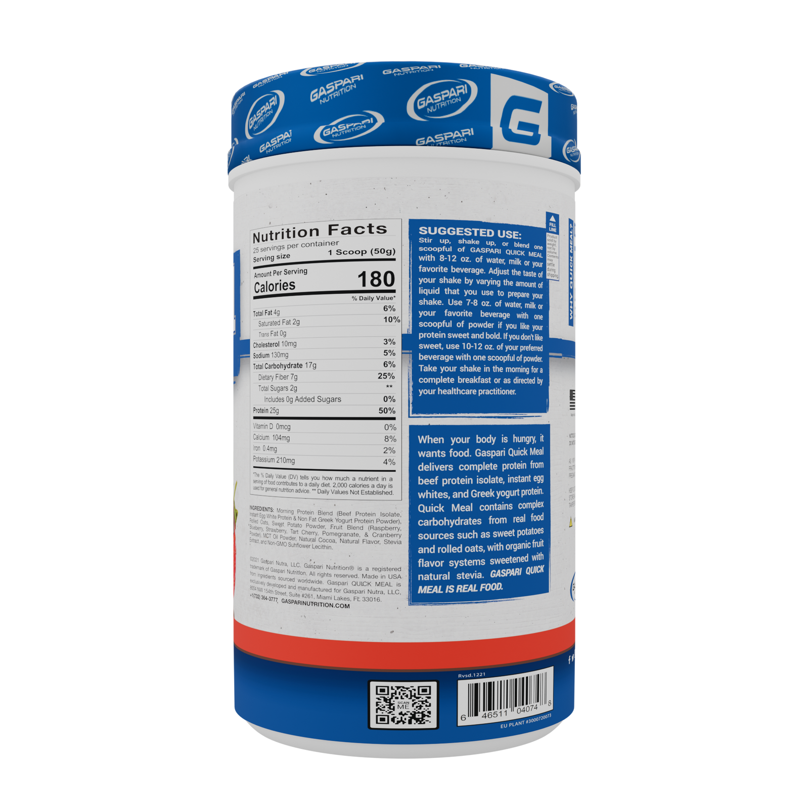 Gaspari Nutrition Quick Meal | Real Food Blend chocolate covered strawberries flavor, showcasing the nutrition profile with 25g protein, 7g fiber, and 17g carbs.