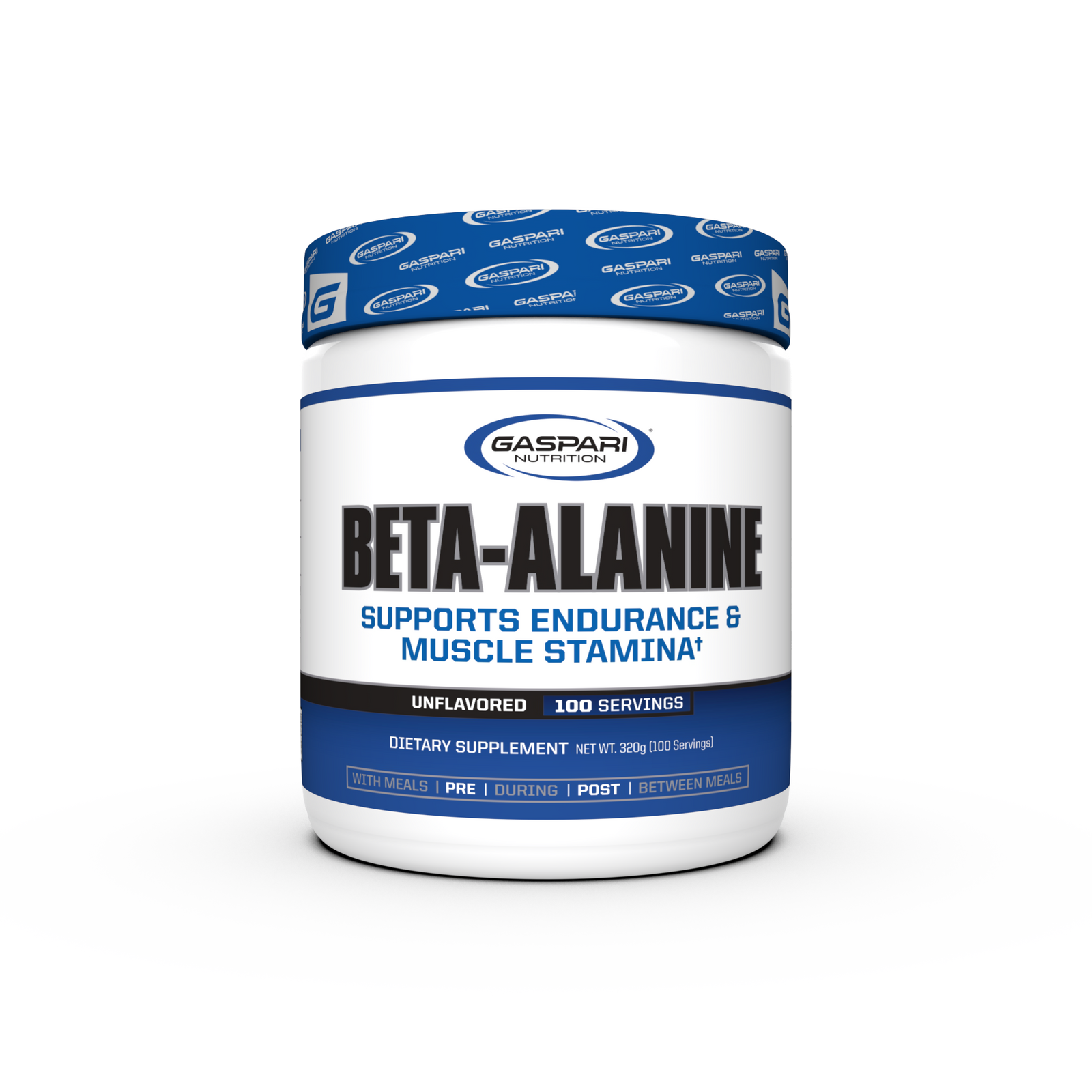Gaspari Nutrition Beta-Alanine supplement container featuring an unflavored formula that supports endurance and muscle stamina, with 100 servings.