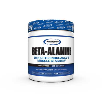 Gaspari Nutrition Beta-Alanine supplement container featuring an unflavored formula that supports endurance and muscle stamina, with 100 servings.