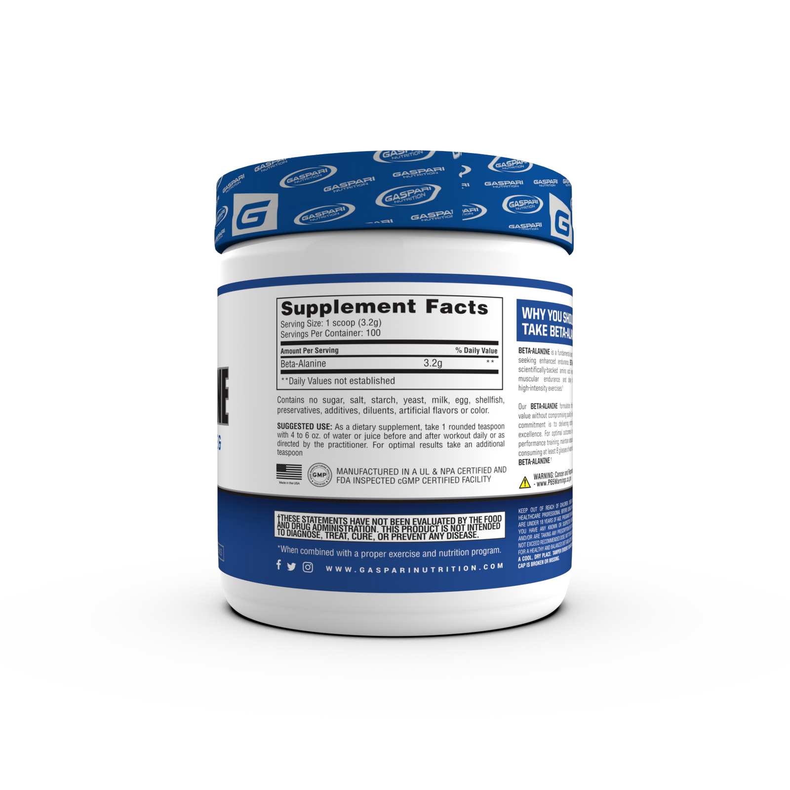 Side view of Gaspari Nutrition Beta-Alanine container showing supplement facts, including serving size and nutritional information.