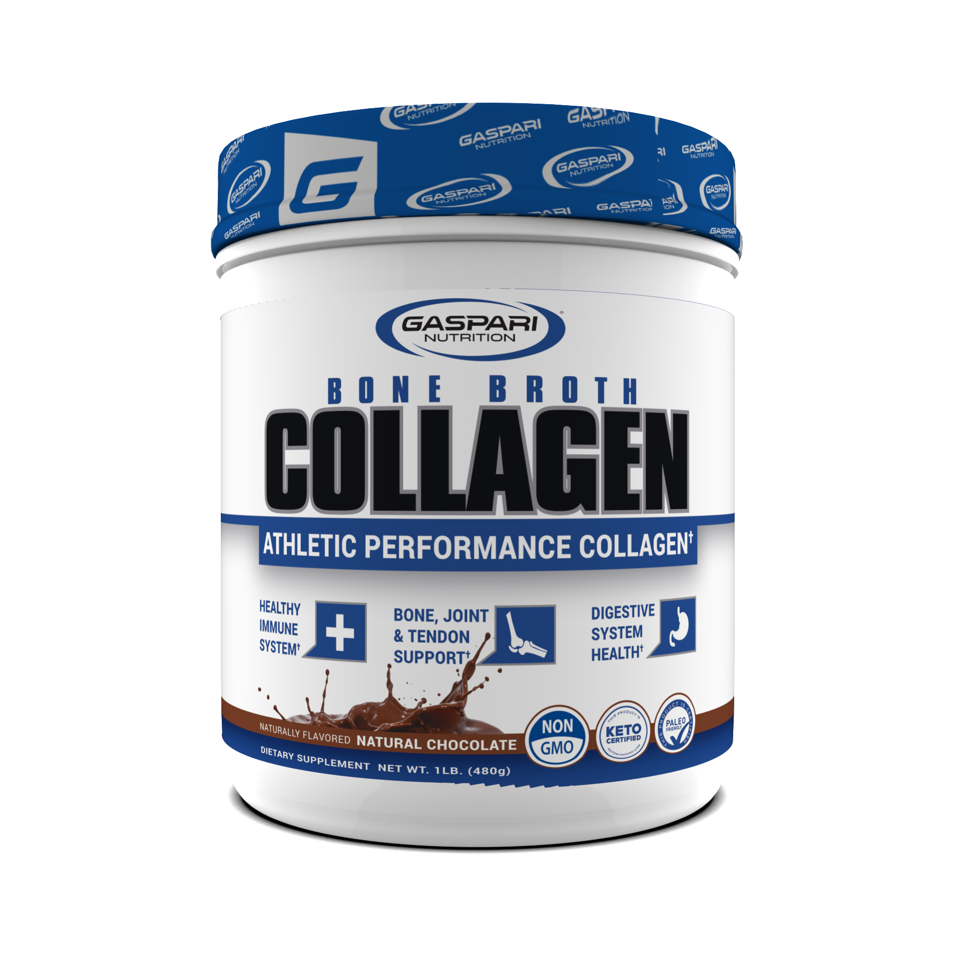 Gaspari Nutrition Bone Broth Collagen container with athletic performance focus, featuring natural chocolate flavor and highlighting immune system, joint and digestive health benefits.