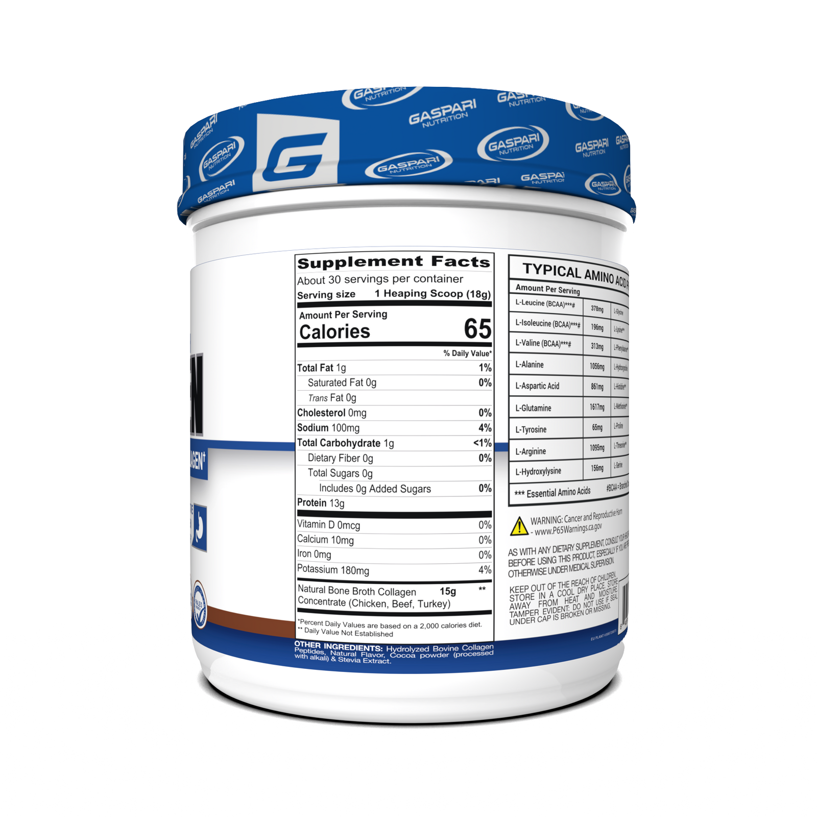 Gaspari Nutrition Bone Broth Collagen container with athletic performance focus, featuring natural chocolate flavor and highlighting immune system, joint and digestive health benefits.
