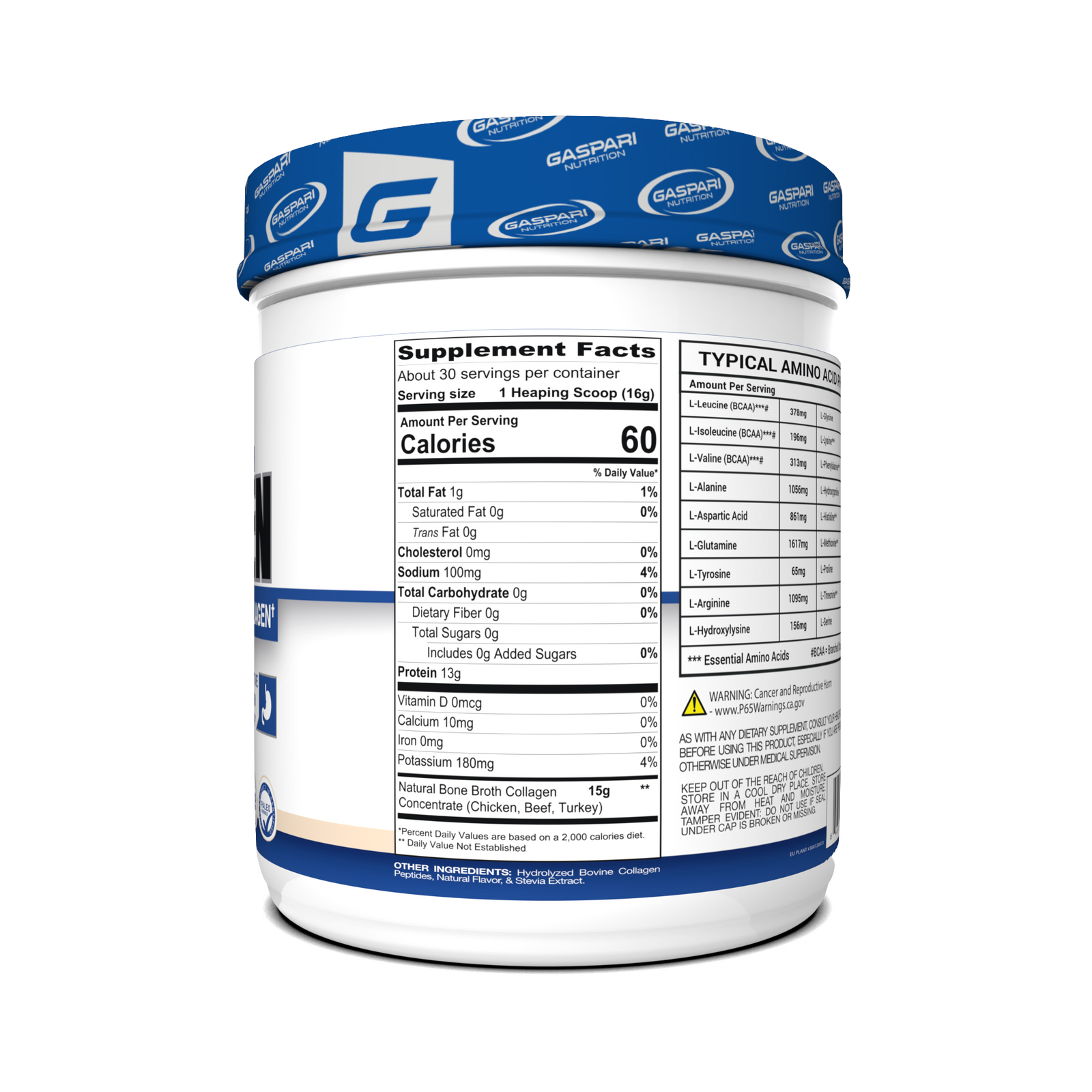 Gaspari Nutrition Bone Broth Collagen container in vanilla flavor, emphasizing its support for immune health, joints, and digestion in athletic routines.