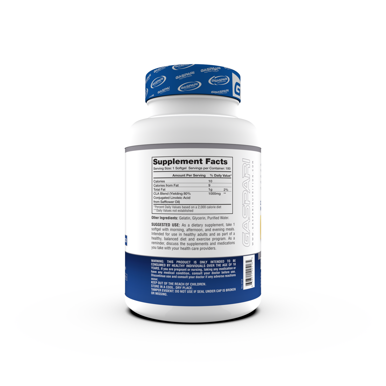 Back view of CLA – 1000mg Softgels for Weight Loss and Muscle Retention by Gaspari Nutrition, displaying Supplement Facts and suggested use.