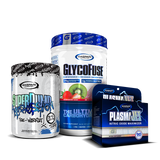 Three supplement products from Gaspari Nutrition: SuperPump Aggression pre-workout, GlycoFuse performance carbohydrate, and PlasmaJet nitric oxide maximizer, displayed together on a white background.