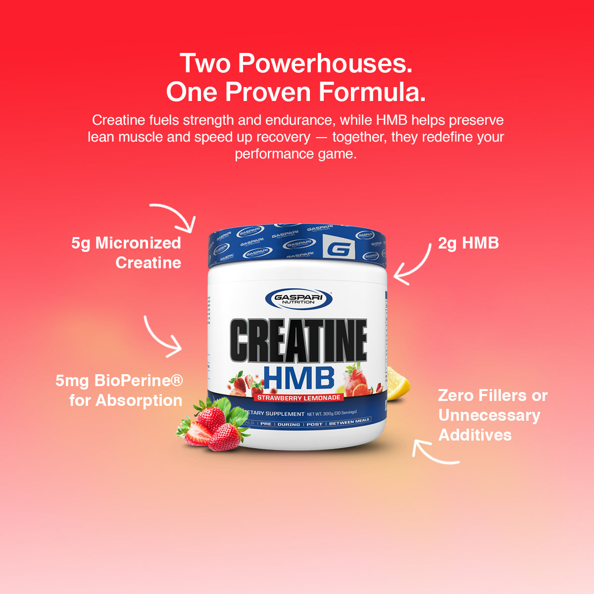 GASPARI NUTRITION Creatine HMB supplement container with text on a red and pink gradient background