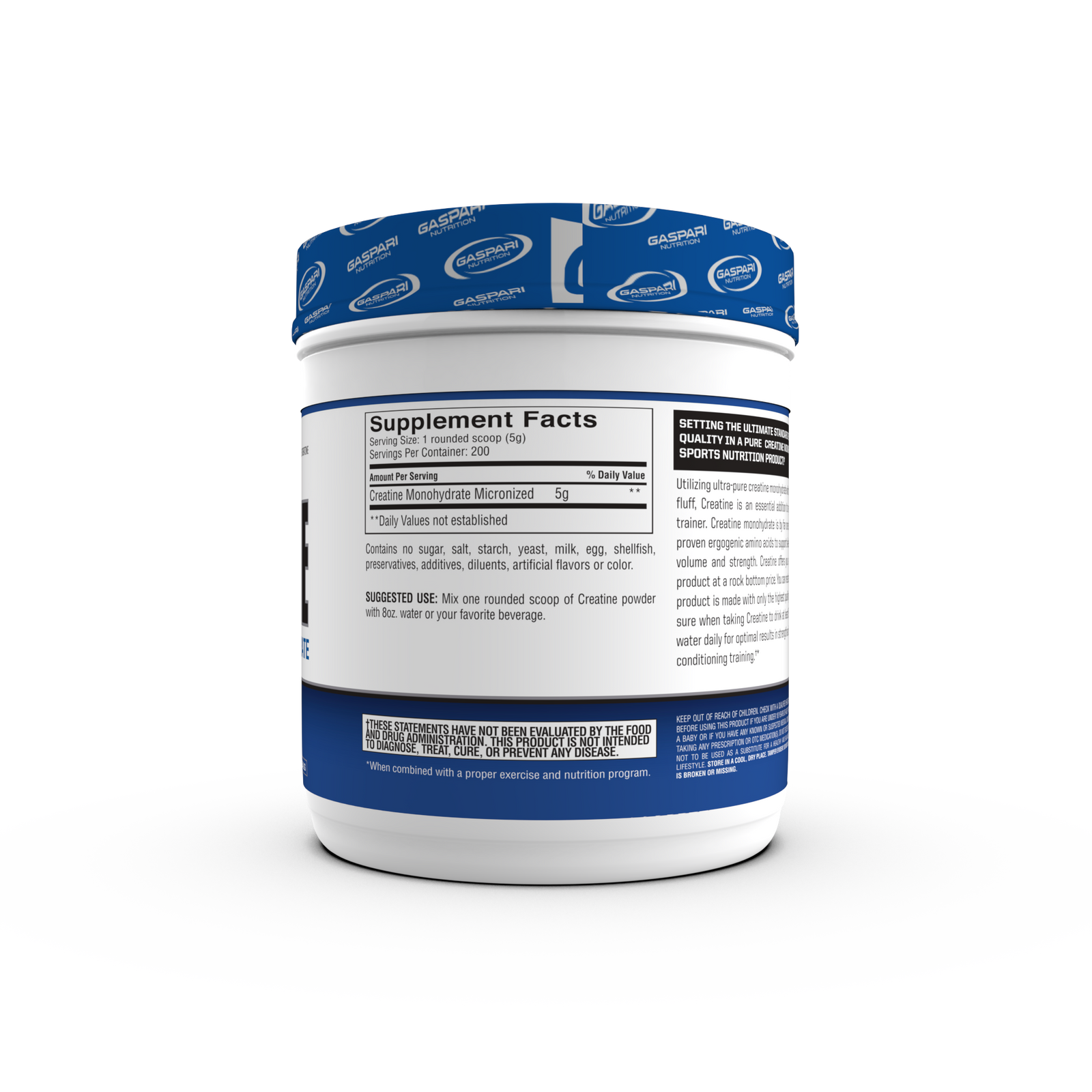 Container of Gaspari Nutrition Creatine, 300g, featuring bold text stating 'CREATINE' and 'PURE CREATINE MONOHYDRATE', with details about serving size and dietary information.