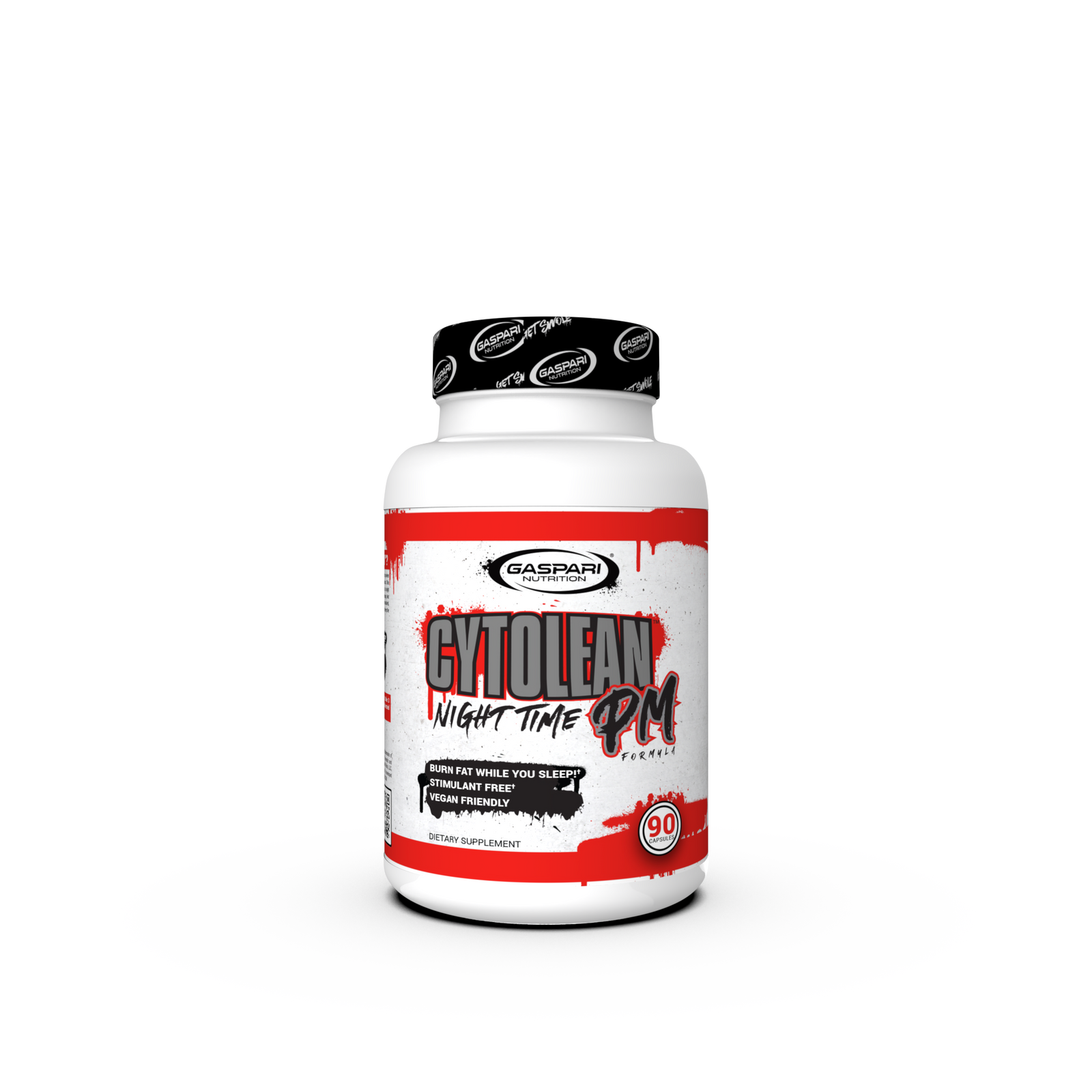 Gaspari Nutrition Cytolean Night Time PM supplement bottle showcasing a vibrant design, labeled with instructions and features such as 'Burn Fat While You Sleep' and 'Stimulant Free'.