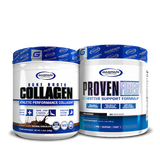 Gaspari Nutrition's Bone Broth Collagen and Proven Fiber stack in unflavored variants, showcasing dietary supplements for digestive support and joint health.