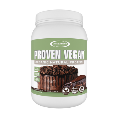 Gaspari Nutrition Proven Vegan™ Organic Plant-Based Protein powder jar showcasing Double Chocolate Cake flavor, highlighting 22g protein per serving and Non-GMO ingredients.