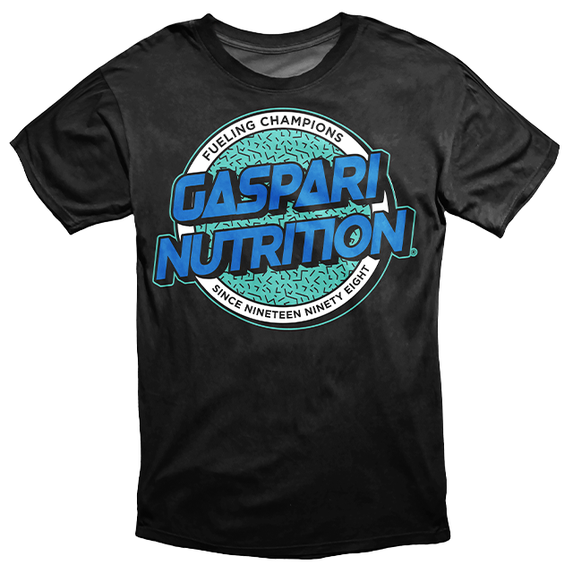 Gaspari Nutrition collectible black t-shirt featuring a vibrant graphic design. The shirt displays the text 'Fueling Champions' along with the Gaspari Nutrition logo, established in 1998.