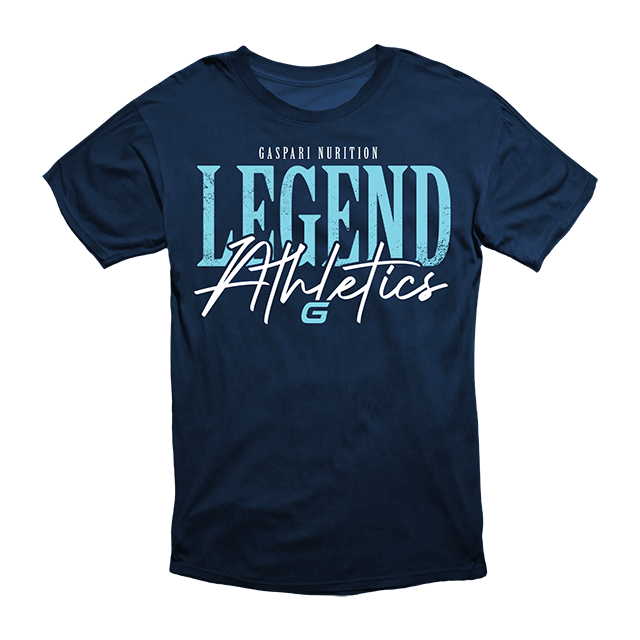 Gaspari Nutrition Legend Athletics Tee in navy blue, featuring bold white and aqua text design that highlights 'LEGEND' at the top and 'Athletics' below with a sporty style.