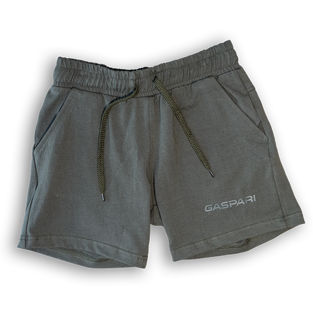 Casual military green shorts by Gaspari Nutrition featuring an elastic waistband and drawstring for comfort. Ideal for workouts or lounging.