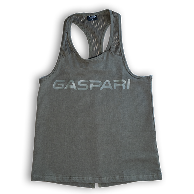 Gaspari Nutrition women's tank top in military green with a sporty design and raised rubber lettering.