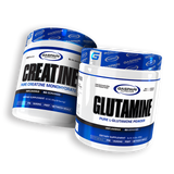 Gaspari Nutrition Growth + Recovery Stack featuring tubs of Creatine Monohydrate and Glutamine powder, highlighting their unflavored formulation and nutritional benefits for athletes.