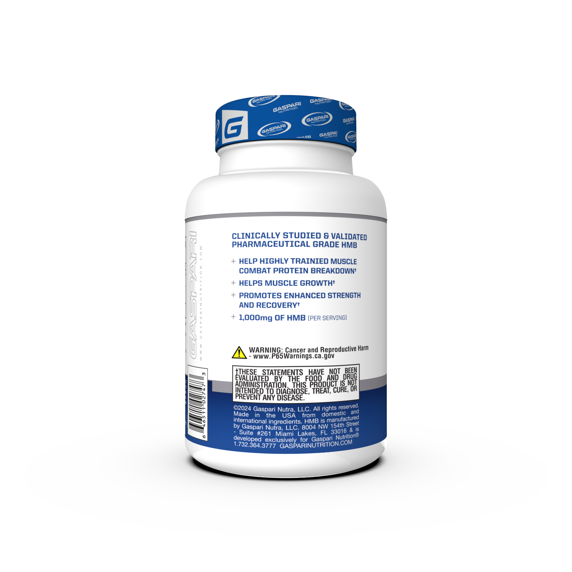 Gaspari Nutrition HMB supplement bottle featuring Pure Beta-Hydroxy Beta-Methylbutyrate, dietary supplement, 90 capsules, with a blue and white design.