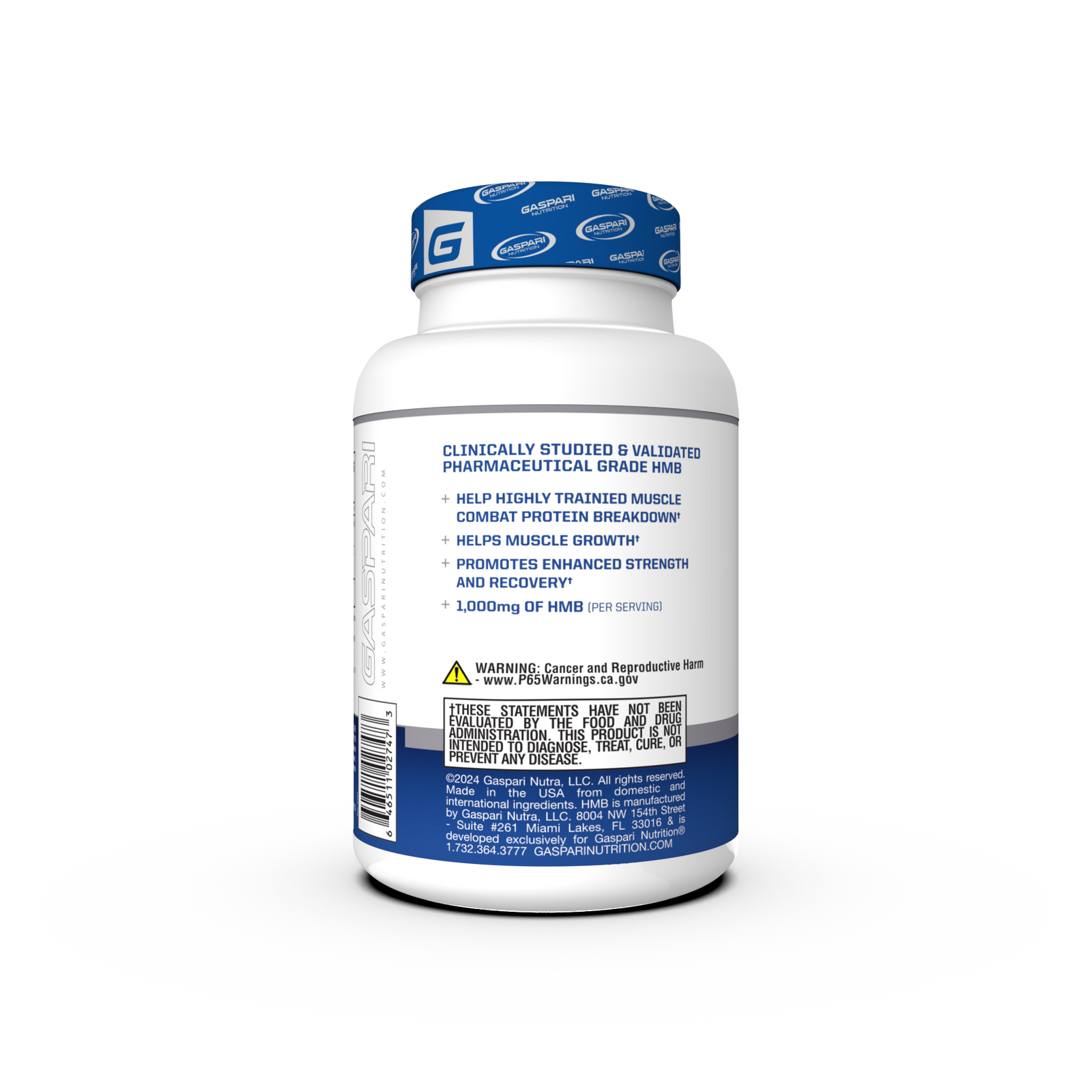 Gaspari Nutrition HMB supplement bottle featuring Pure Beta-Hydroxy Beta-Methylbutyrate, dietary supplement, 90 capsules, with a blue and white design.