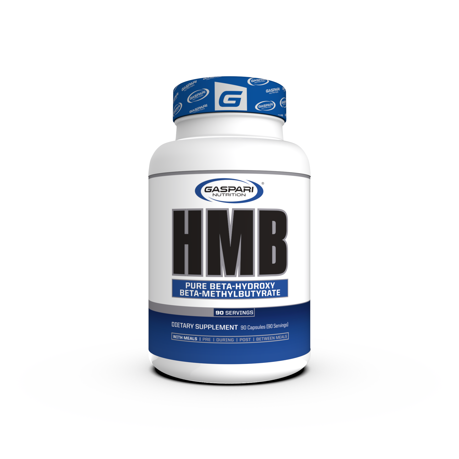 Gaspari Nutrition HMB supplement bottle featuring Pure Beta-Hydroxy Beta-Methylbutyrate, dietary supplement, 90 capsules, with a blue and white design.