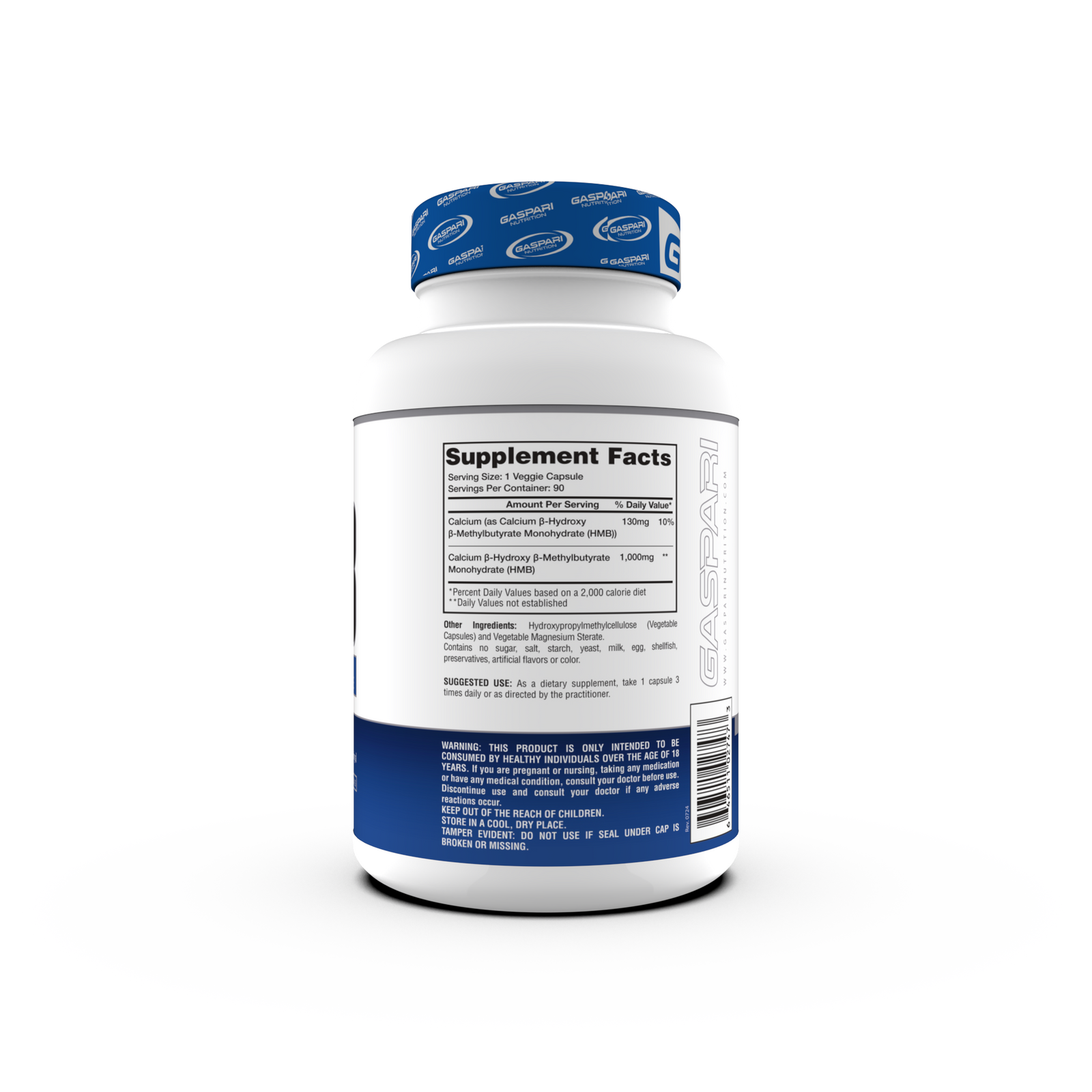 Gaspari Nutrition HMB supplement bottle featuring Pure Beta-Hydroxy Beta-Methylbutyrate, dietary supplement, 90 capsules, with a blue and white design.