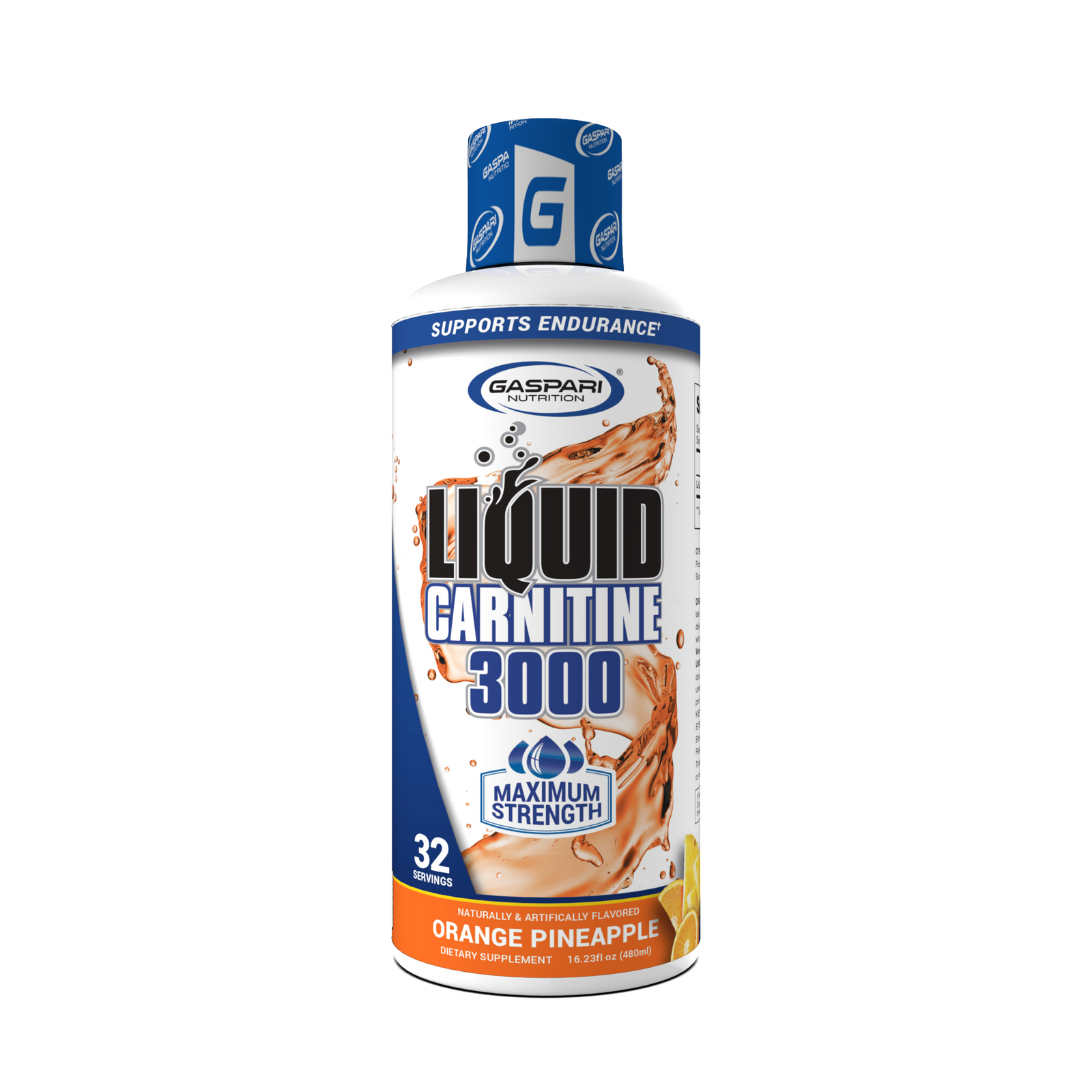 Liquid Carnitine 3000 by Gaspari Nutrition in orange pineapple flavor, promoting metabolism enhancement and energy support.