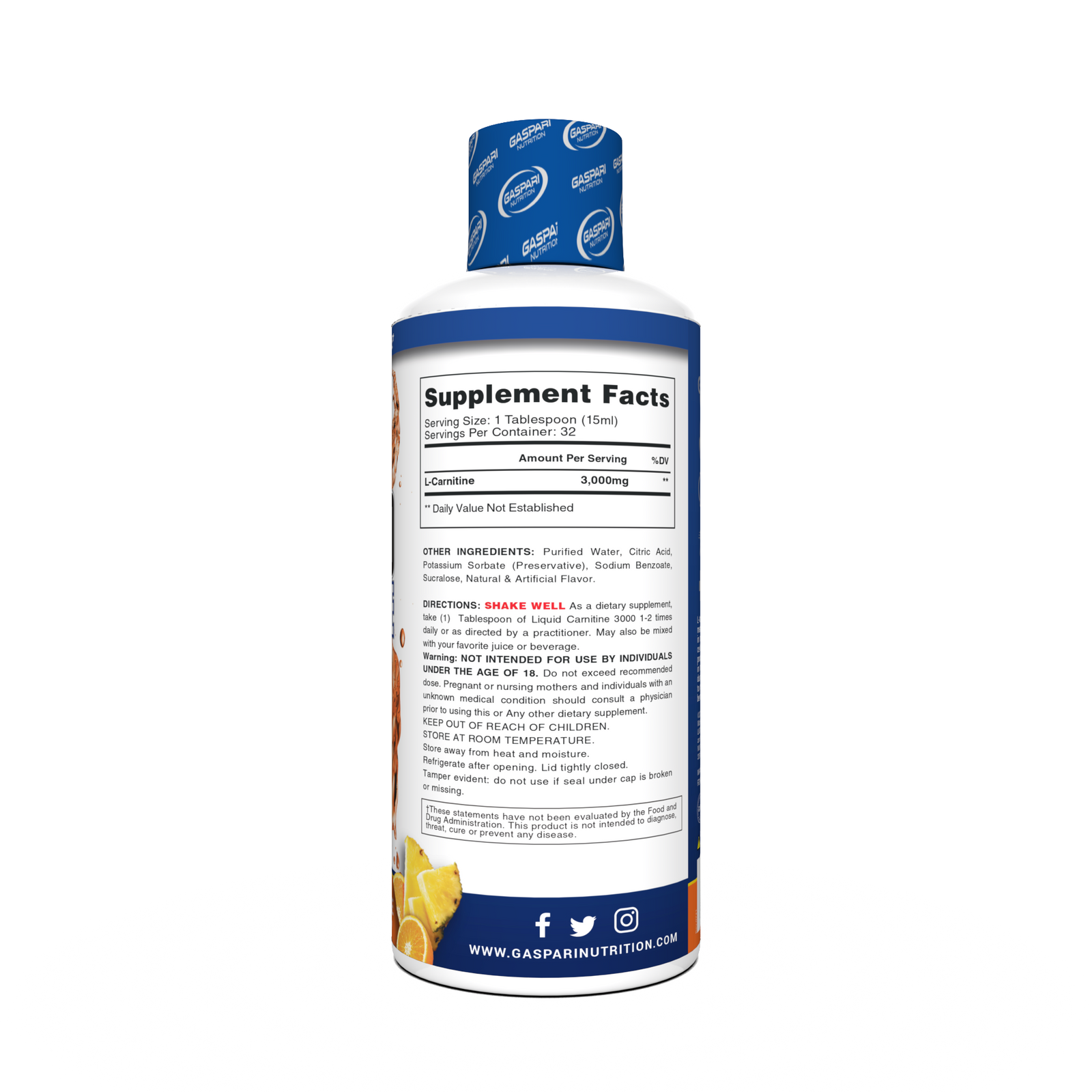 Back label of sour watermelon Liquid Carnitine 3000, listing the supplement facts and directions for use.