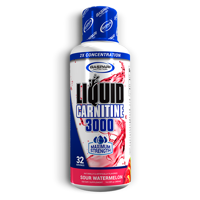 Bottle of Liquid Carnitine 3000 in Sour Watermelon flavor by Gaspari Nutrition, featuring maximum strength and 32 servings.