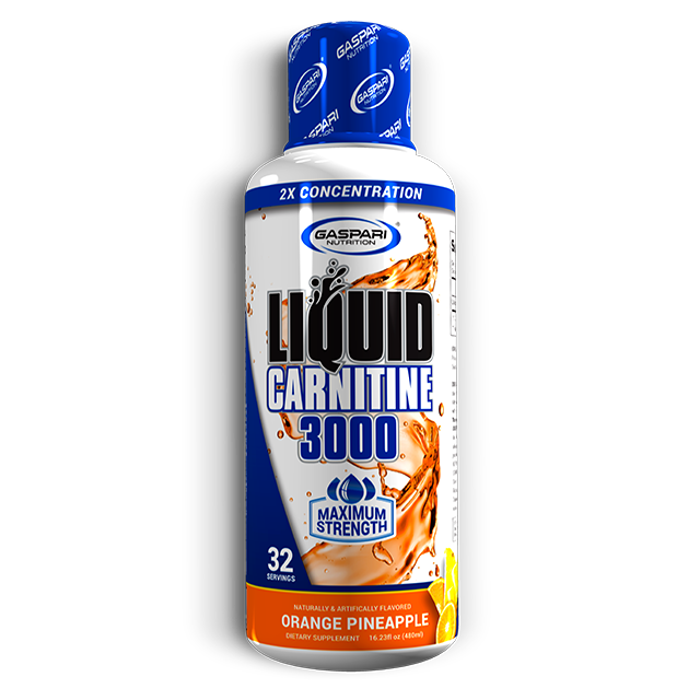 Bottle of Liquid Carnitine 3000 in Orange Pineapple flavor by Gaspari Nutrition, offering a maximum strength formulation with 32 servings.