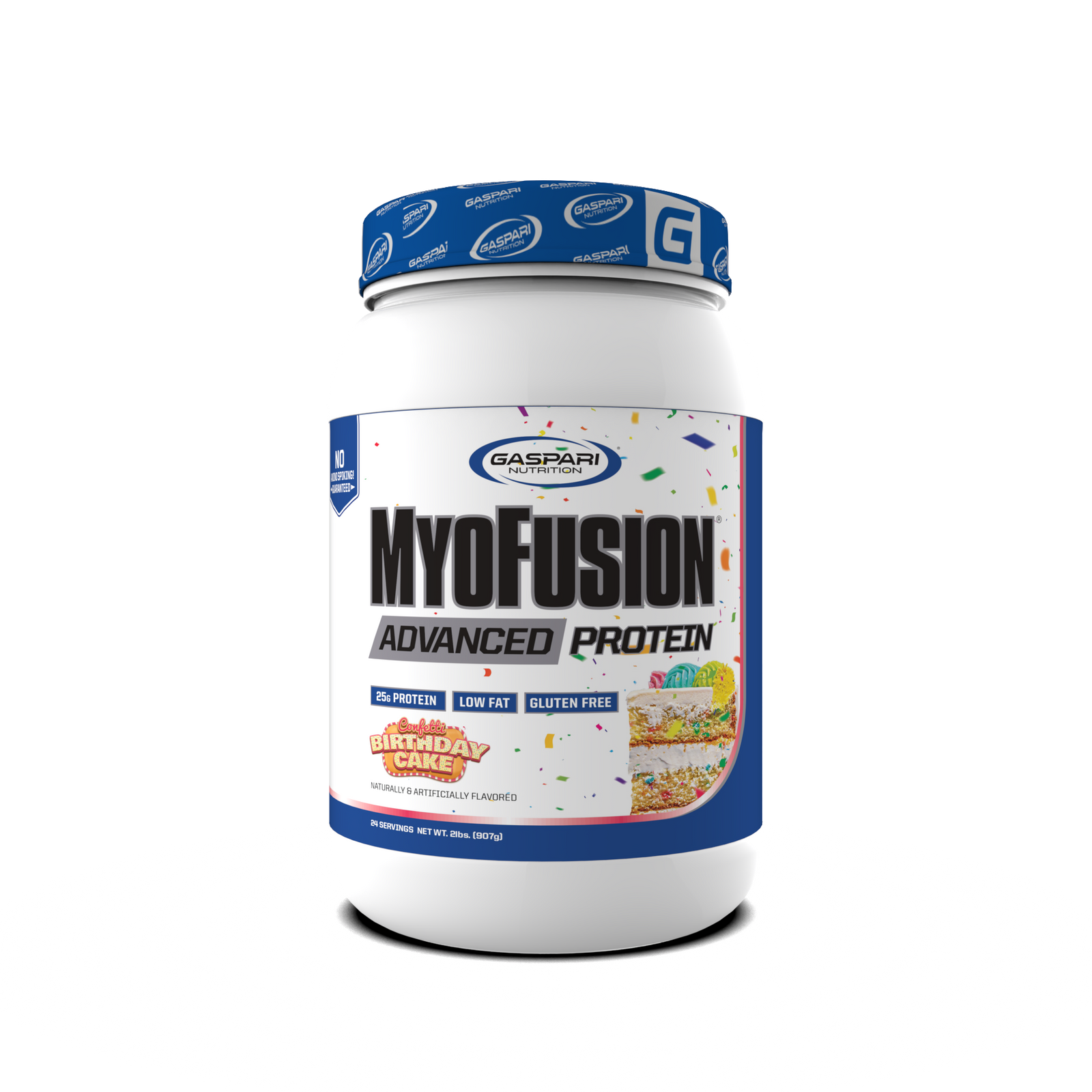 MyoFusion Advanced Protein - Birthday Cake flavor, a delicious protein blend with 25g of protein per serving.