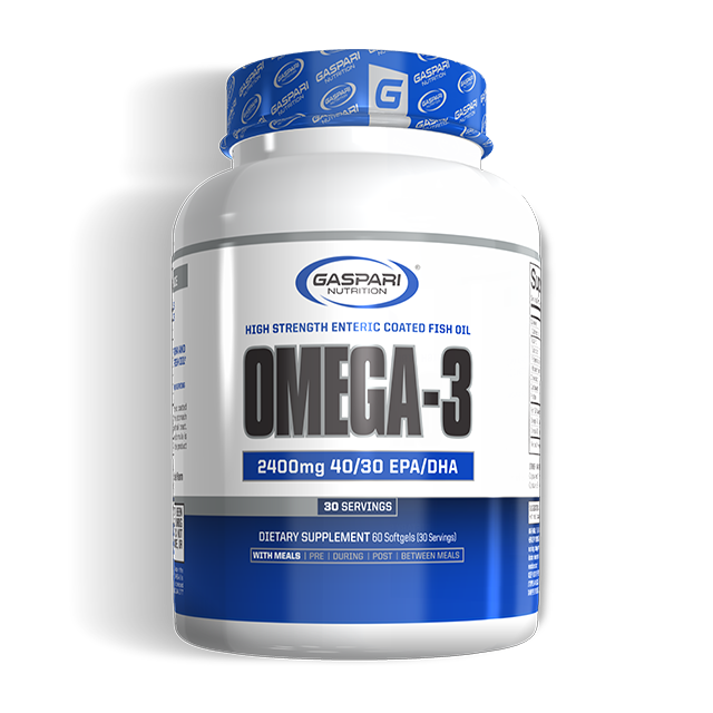 Gaspari Nutrition Omega-3 supplement bottle showcasing high strength enteric coated fish oil with 2400mg per serving. Clear labeling and modern design highlight product benefits.