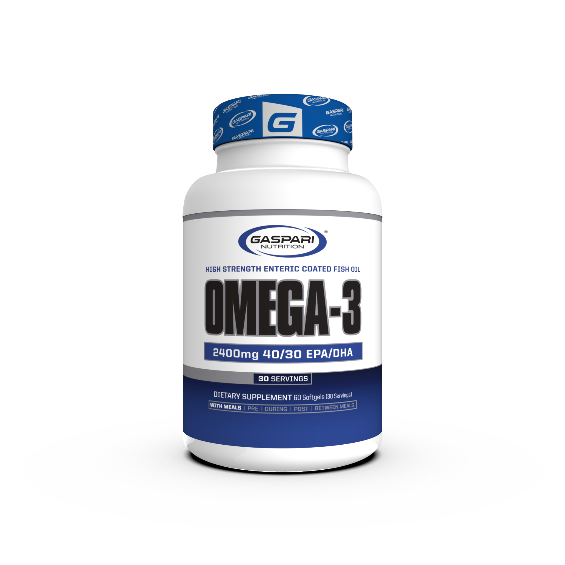 Gaspari Nutrition Omega-3 supplement bottle showcasing high strength enteric coated fish oil with 2400mg per serving. Clear labeling and modern design highlight product benefits.