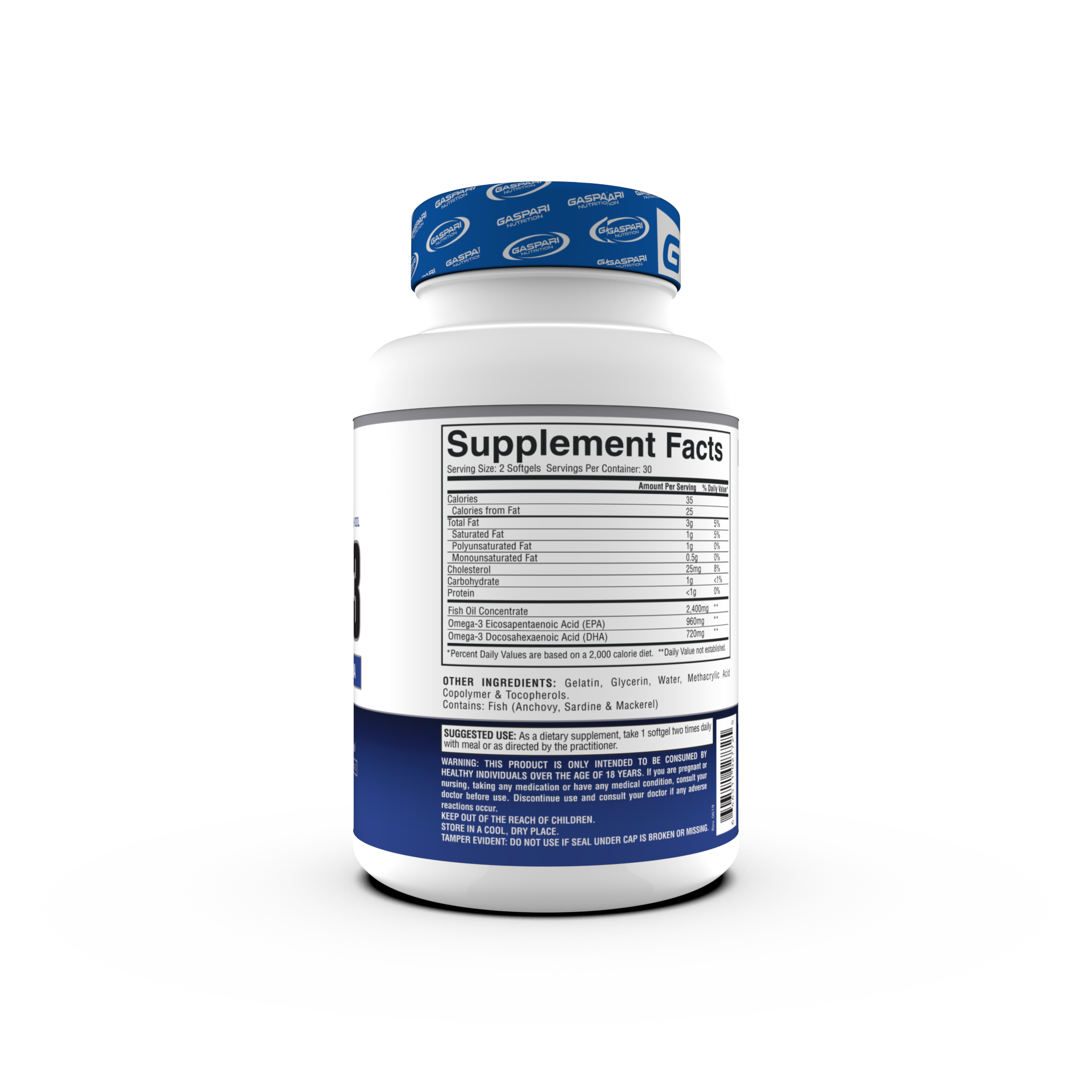 Gaspari Nutrition Omega-3 supplement bottle showcasing high strength enteric coated fish oil with 2400mg per serving. Clear labeling and modern design highlight product benefits.