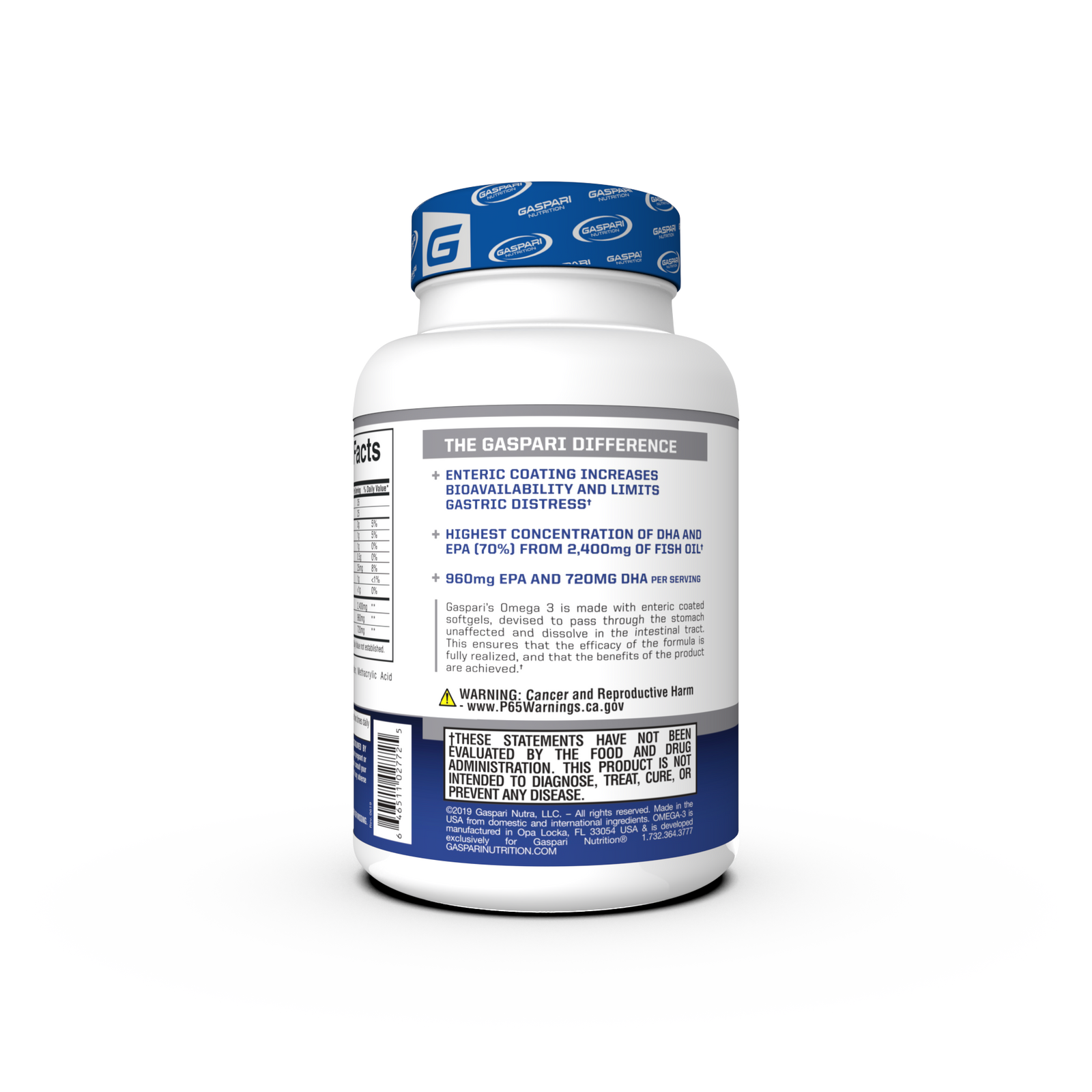 Gaspari Nutrition Omega-3 supplement bottle showcasing high strength enteric coated fish oil with 2400mg per serving. Clear labeling and modern design highlight product benefits.