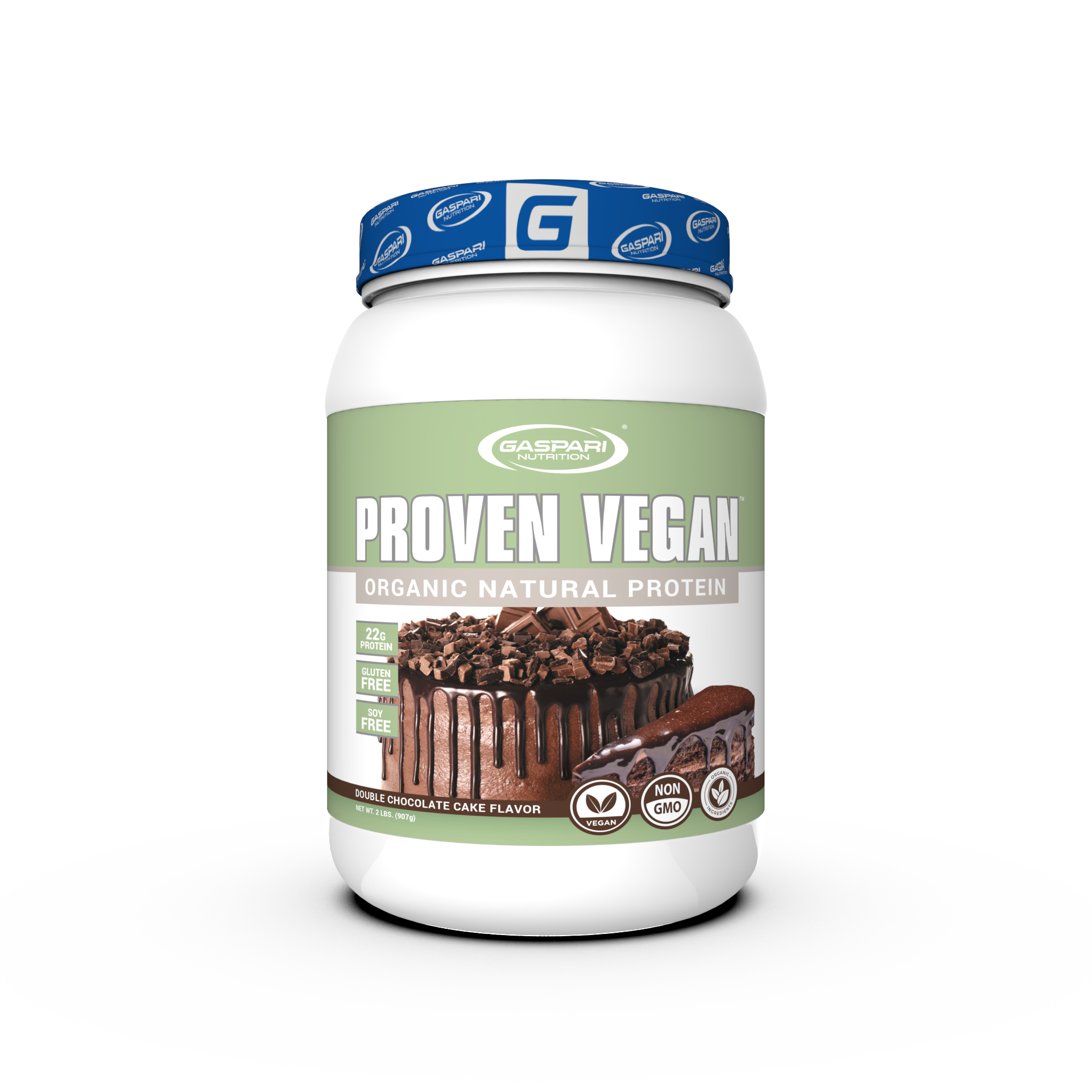Container of PROVEN VEGAN Organic Natural Protein by Gaspari Nutrition, featuring Double Chocolate Cake flavor, showcasing a delicious chocolate cake slice on the front.